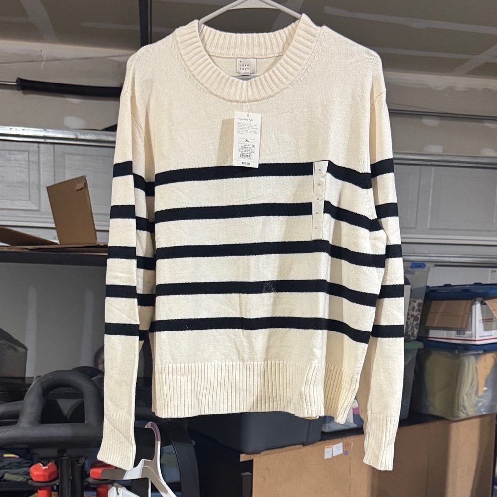 a new day Cream and Black Striped Crewneck Top